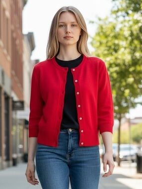 NWT Cable & Gauge Cherry Red / Pink  angora blend cardigan Rhinestone Button